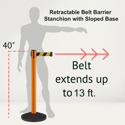 Retractable Belt Barrier Stanchion, Sloped Base, Orange Post, 13 ft Belt - Montour Line MS630 - Crowd Control Warehouse