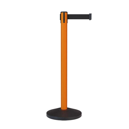 Retractable Belt Barrier Stanchion, Sloped Base, Orange Post, 7.5 ft Belt - Montour Line MS630 - Crowd Control Warehouse