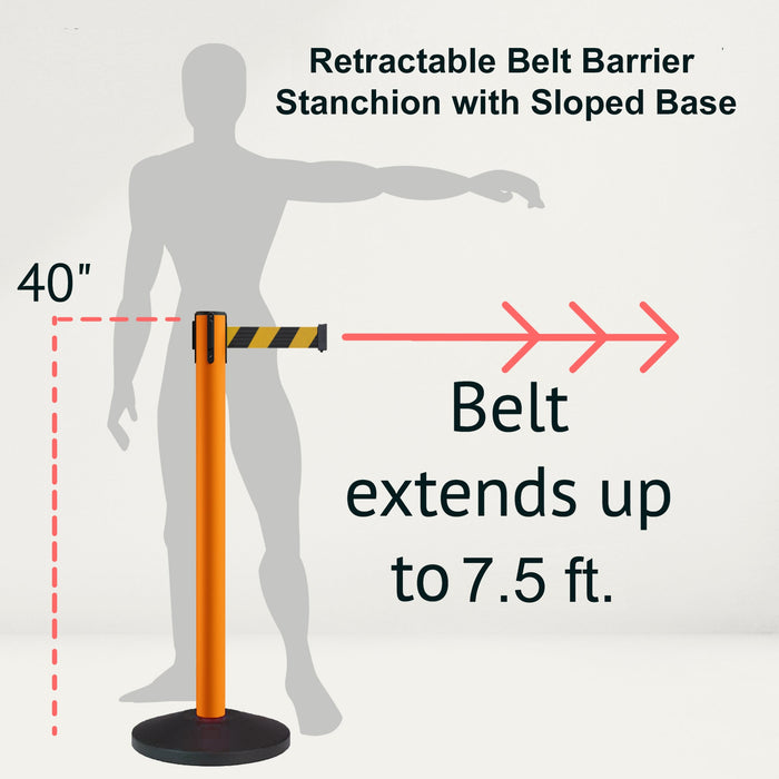 Retractable Belt Barrier Stanchion, Sloped Base, Orange Post, 7.5 ft Belt - Montour Line MS630 - Crowd Control Warehouse