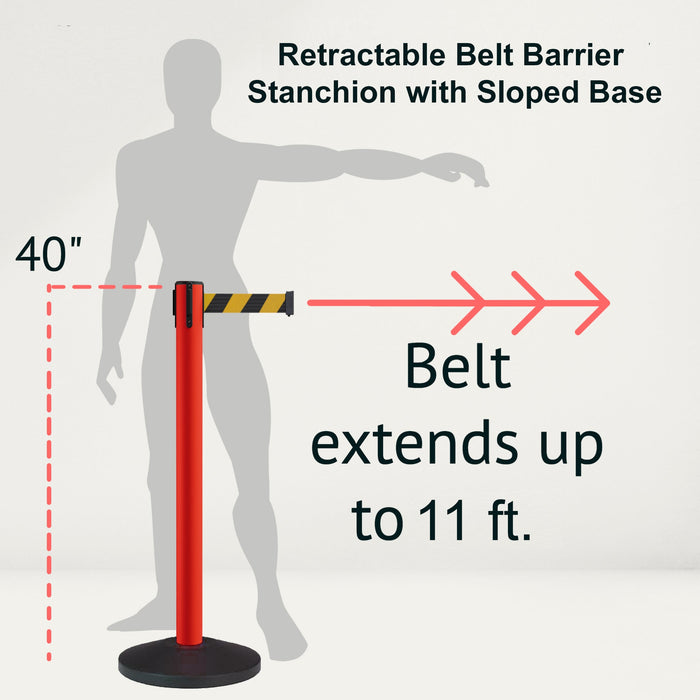 Retractable Belt Barrier Stanchion, Sloped Base, Red Post, 11 ft Belt - Montour Line MS630 - Crowd Control Warehouse