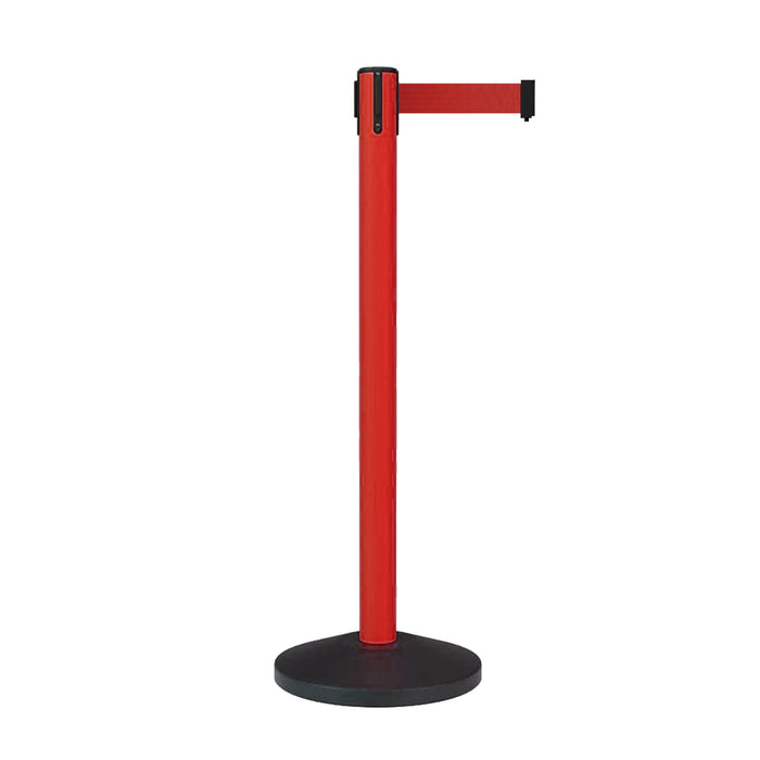 Retractable Belt Barrier Stanchion, Sloped Base, Red Post, 11 ft Belt - Montour Line MS630 - Crowd Control Warehouse