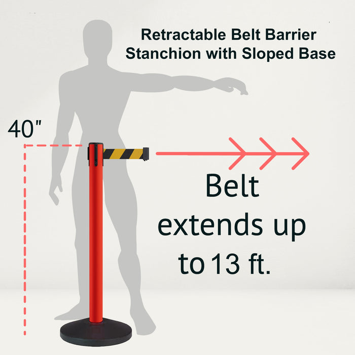 Retractable Belt Barrier Stanchion, Sloped Base, Red Post, 13 ft Belt - Montour Line MS630 - Crowd Control Warehouse