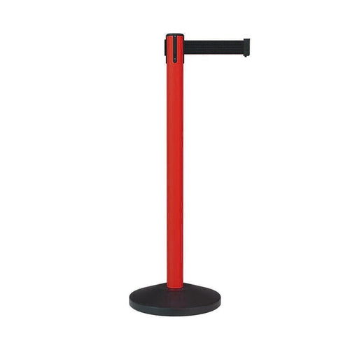 Retractable Belt Barrier Stanchion, Sloped Base, Red Post, 9 ft Belt - Montour Line MS630 - Crowd Control Warehouse