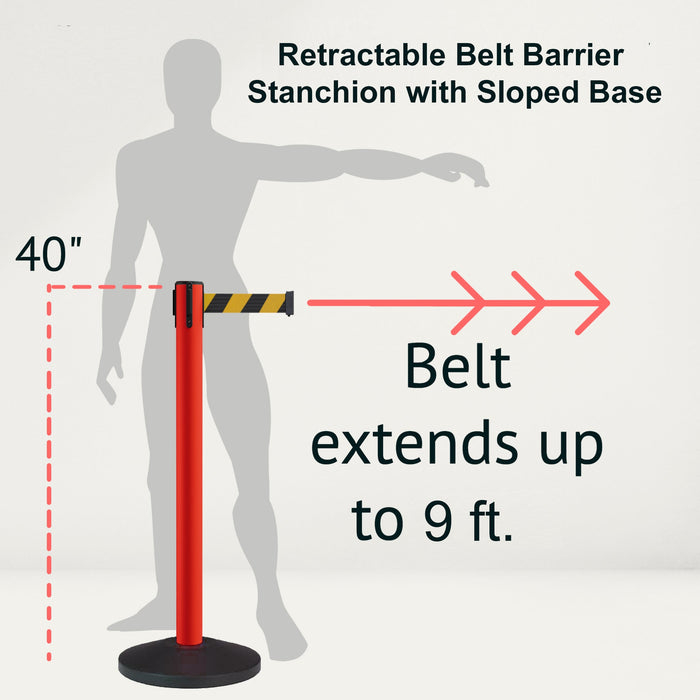 Retractable Belt Barrier Stanchion, Sloped Base, Red Post, 9 ft Belt - Montour Line MS630 - Crowd Control Warehouse