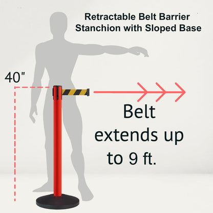 Retractable Belt Barrier Stanchion, Sloped Base, Red Post, 9 ft Belt - Montour Line MS630 - Crowd Control Warehouse