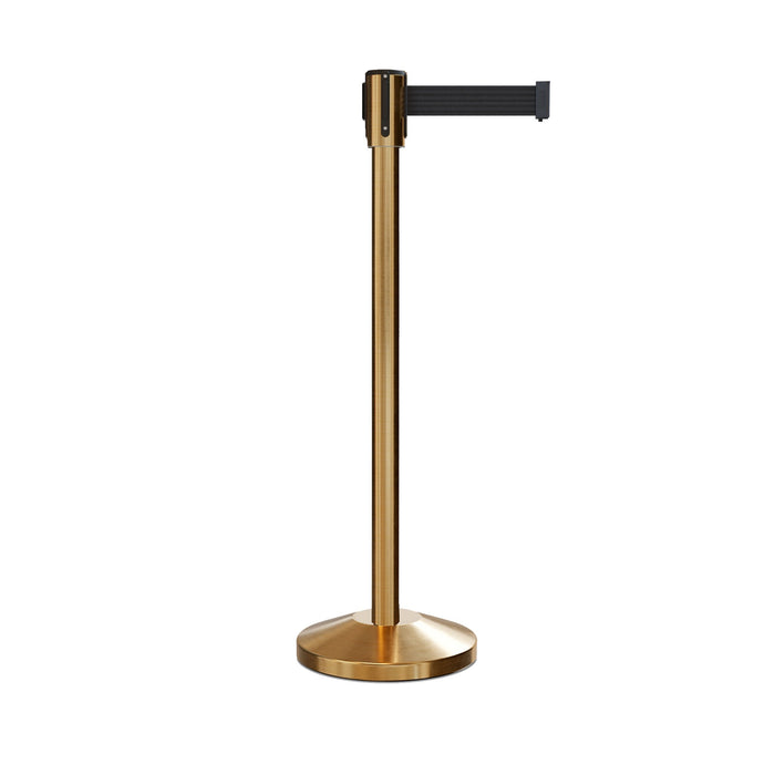 Retractable Belt Barrier Stanchion, Sloped Base, Satin Brass Post, 7.5 ft Belt - Montour Line M530 - Crowd Control Warehouse