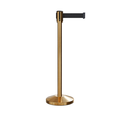 Retractable Belt Barrier Stanchion, Sloped Base, Satin Brass Post, 7.5 ft Belt - Montour Line M530 - Crowd Control Warehouse