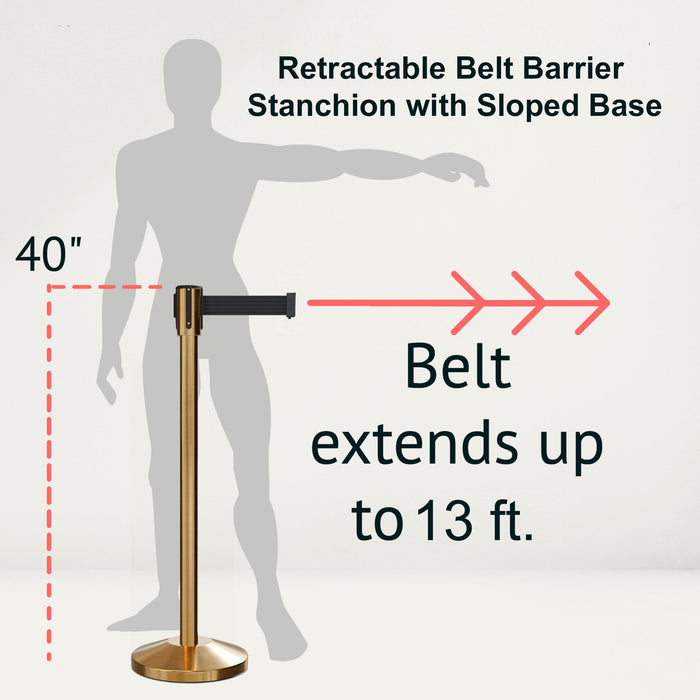 Retractable Belt Barrier Stanchion, Sloped Base, Satin Brass Post, 13 ft Belt - Montour Line M530 - Crowd Control Warehouse