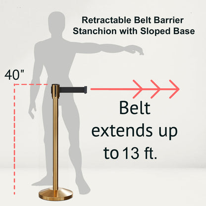 Retractable Belt Barrier Stanchion, Sloped Base, Satin Brass Post, 13 ft Belt - Montour Line M530 - Crowd Control Warehouse