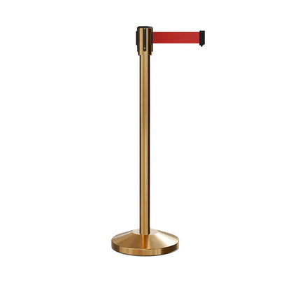 Retractable Belt Barrier Stanchion, Sloped Base, Satin Brass Post, 7.5 ft Belt - Montour Line M530 - Crowd Control Warehouse