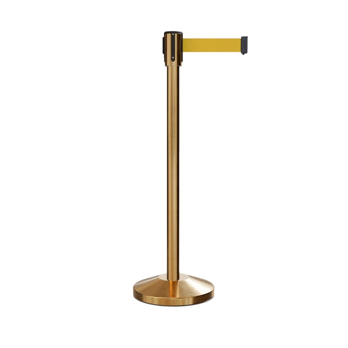 Retractable Belt Barrier Stanchion, Sloped Base, Satin Brass Post, 7.5 ft Belt - Montour Line M530 - Crowd Control Warehouse