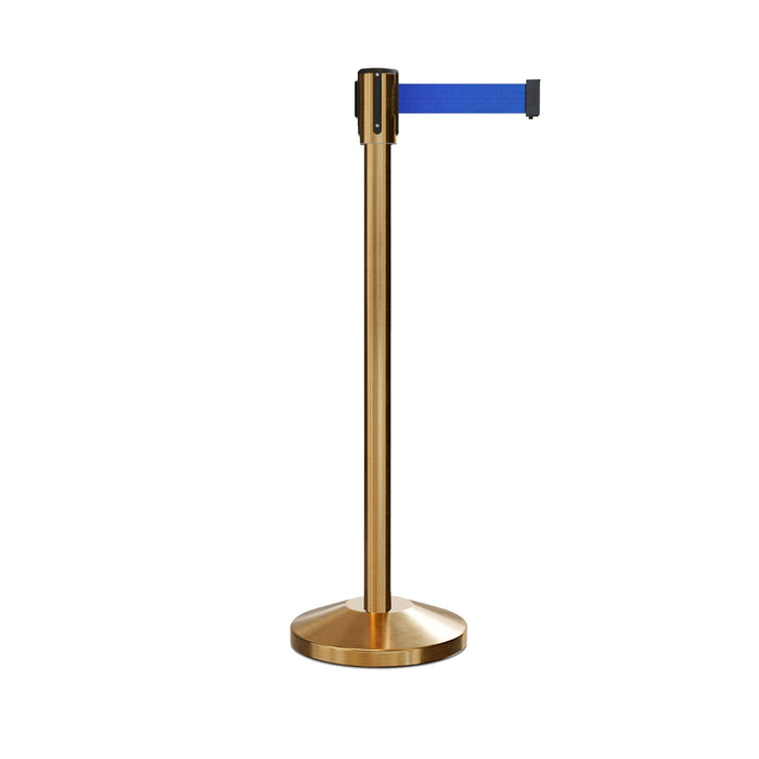 Retractable Belt Barrier Stanchion, Sloped Base, Satin Brass Post, 7.5 ft Belt - Montour Line M530 - Crowd Control Warehouse
