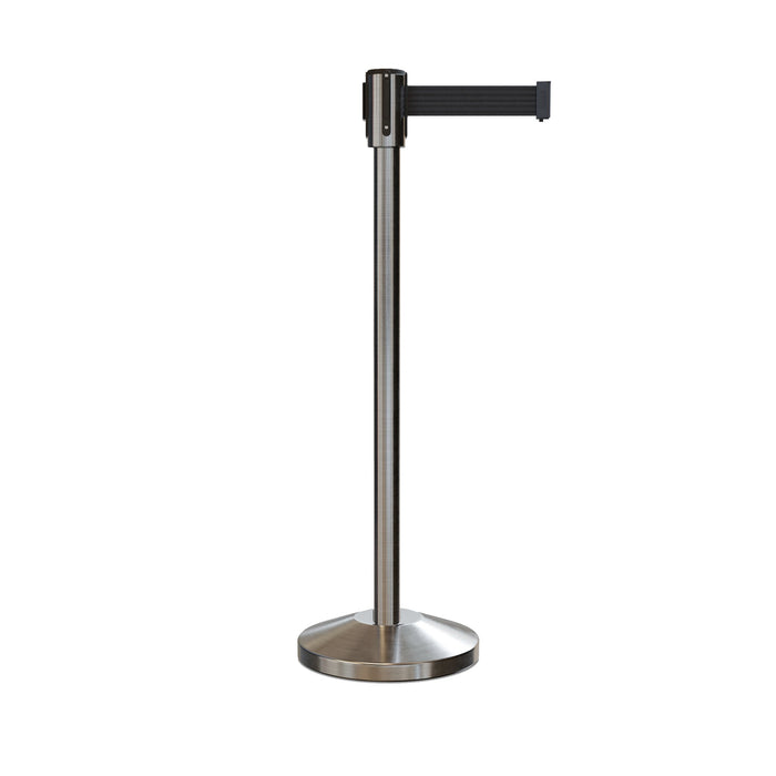 Retractable Belt Barrier Stanchion, Sloped Base, Satin Stainless Steel Post, 11 ft Belt - Montour Line M530 - Crowd Control Warehouse