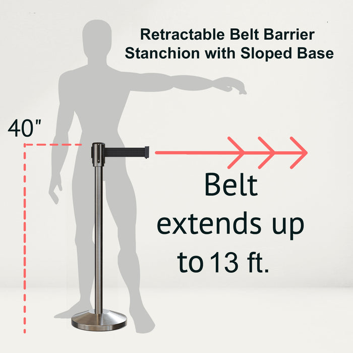 Retractable Belt Barrier Stanchion, Sloped Base, Satin Stainless Steel Post, 13 ft Belt - Montour Line M530 - Crowd Control Warehouse
