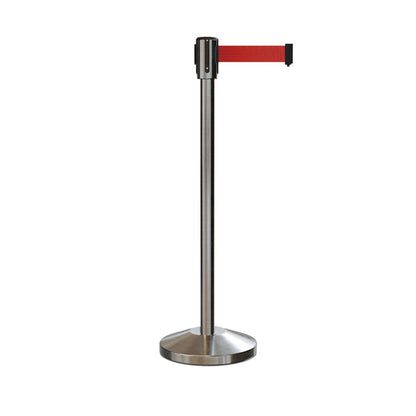 Retractable Belt Barrier Stanchion, Sloped Base, Satin Stainless Steel Post, 11 ft Belt - Montour Line M530 - Crowd Control Warehouse