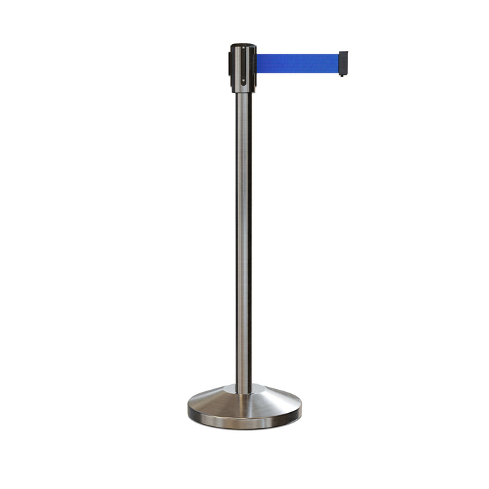 Retractable Belt Barrier Stanchion, Sloped Base, Satin Stainless Steel Post, 11 ft Belt - Montour Line M530 - Crowd Control Warehouse
