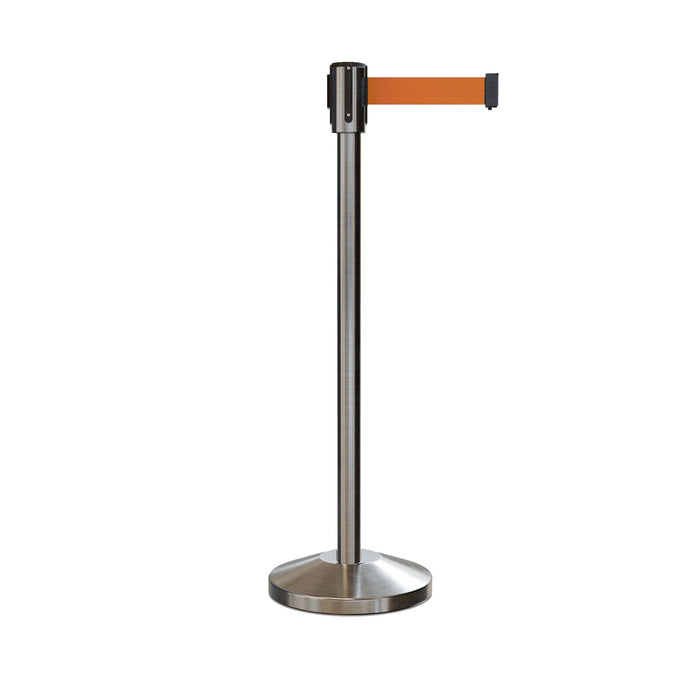 Retractable Belt Barrier Stanchion, Sloped Base, Satin Stainless Steel Post, 11 ft Belt - Montour Line M530 - Crowd Control Warehouse