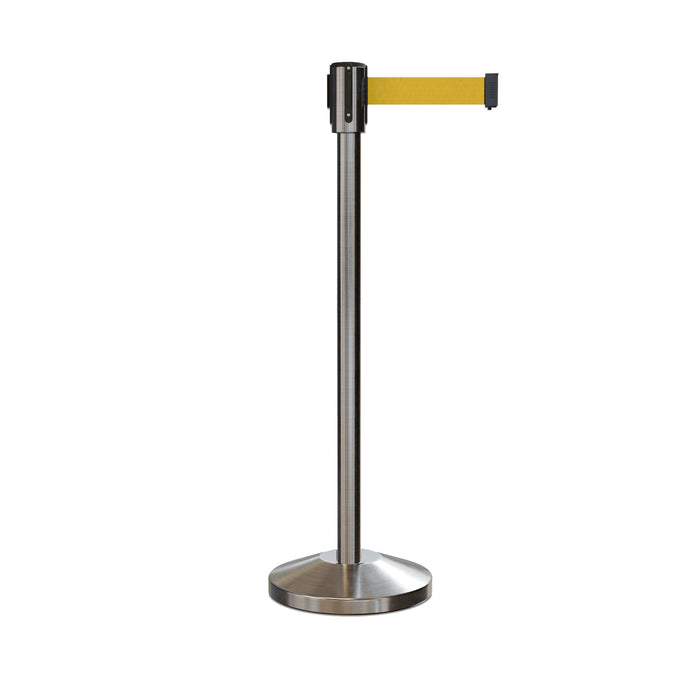 Retractable Belt Barrier Stanchion, Sloped Base, Satin Stainless Steel Post, 11 ft Belt - Montour Line M530 - Crowd Control Warehouse