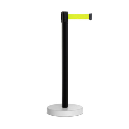 Retractable Belt Barrier Stanchion, Water Fillable Base, Black PVC Plastic Post, 13 Ft Belt - Montour Line MH630 - Crowd Control Warehouse