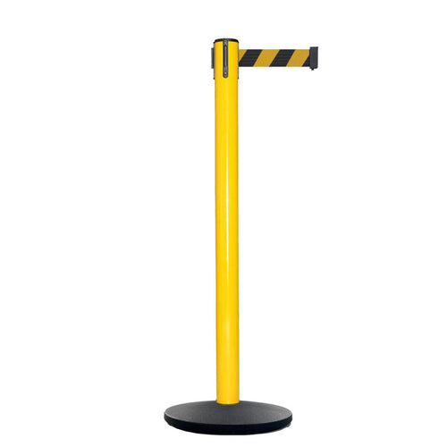 Retractable Belt Barrier Stanchion, Yellow Post, Cast Iron Base, 10.5 Ft. Belt - Montour Line MI630 - Crowd Control Warehouse