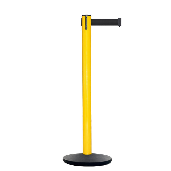 Retractable Belt Barrier Stanchion, Yellow Post, Cast Iron Base, 11 Ft. Belt - Montour Line MSI630 - Crowd Control Warehouse