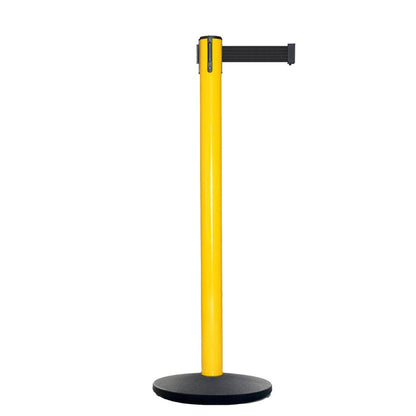 Retractable Belt Barrier Stanchion, Yellow Post, Cast Iron Base, 11 Ft. Belt - Montour Line MSI630 - Crowd Control Warehouse