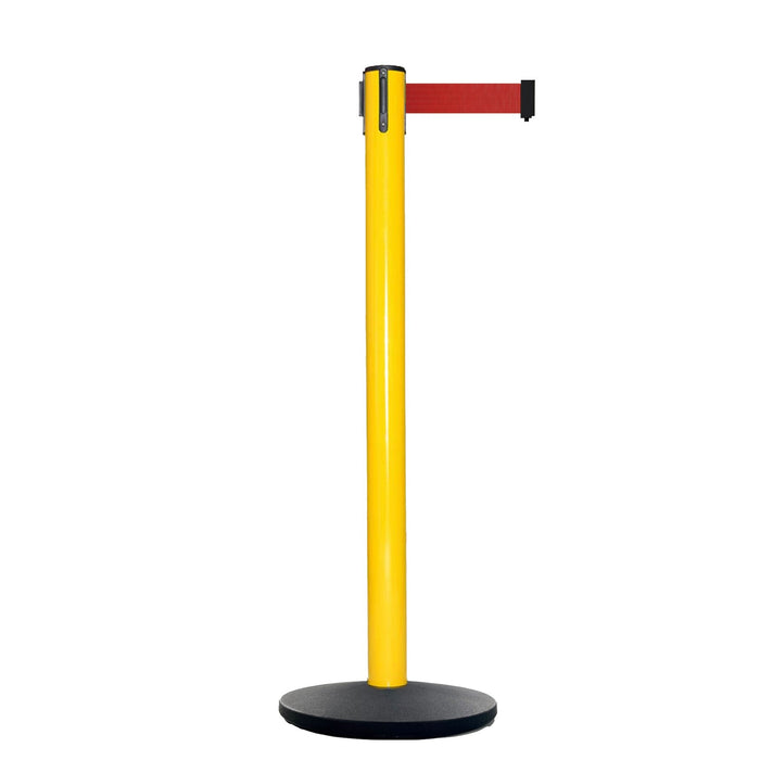 Retractable Belt Barrier Stanchion, Yellow Post, Cast Iron Base, 11 Ft. Belt - Montour Line MSI630 - Crowd Control Warehouse
