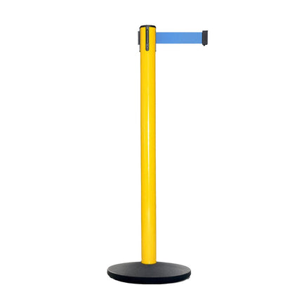 Retractable Belt Barrier Stanchion, Yellow Post, Cast Iron Base, 11 Ft. Belt - Montour Line MSI630 - Crowd Control Warehouse