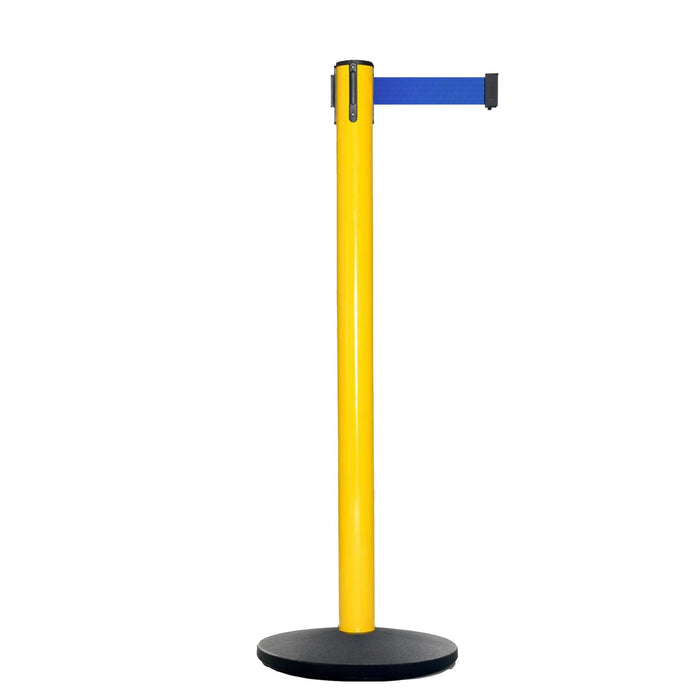 Retractable Belt Barrier Stanchion, Yellow Post, Cast Iron Base, 7.5 Ft. Belt - Montour Line MI630 - Crowd Control Warehouse