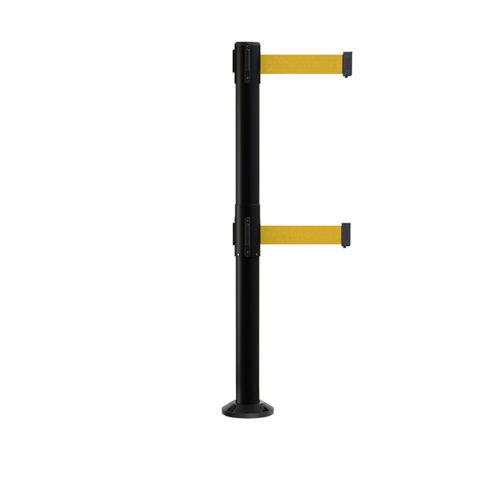 Retractable Dual Belt Barrier Safety Stanchion, Fixed Base, Black Post, 7.5 Ft. Belt - Montour Line MX630DF - Crowd Control Warehouse