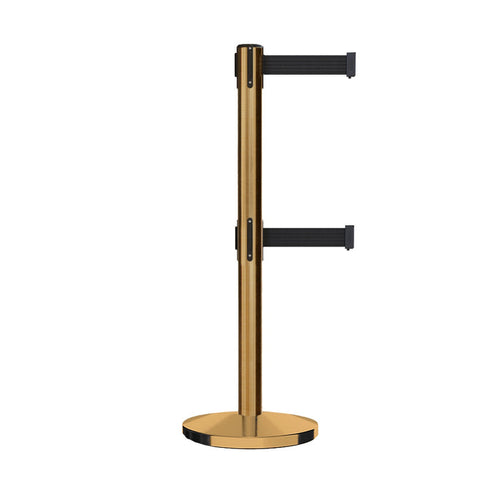 Retractable Dual Belt Barrier Stanchion, Cast Iron Base, Satin Brass Post, 11 ft Belt - Montour Line MI630D - Crowd Control Warehouse