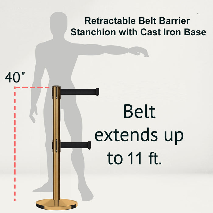 Retractable Dual Belt Barrier Stanchion, Cast Iron Base, Satin Brass Post, 11 ft Belt - Montour Line MI630D - Crowd Control Warehouse