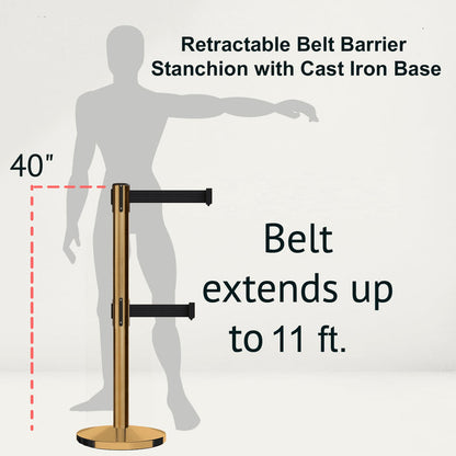 Retractable Dual Belt Barrier Stanchion, Cast Iron Base, Satin Brass Post, 11 ft Belt - Montour Line MI630D - Crowd Control Warehouse