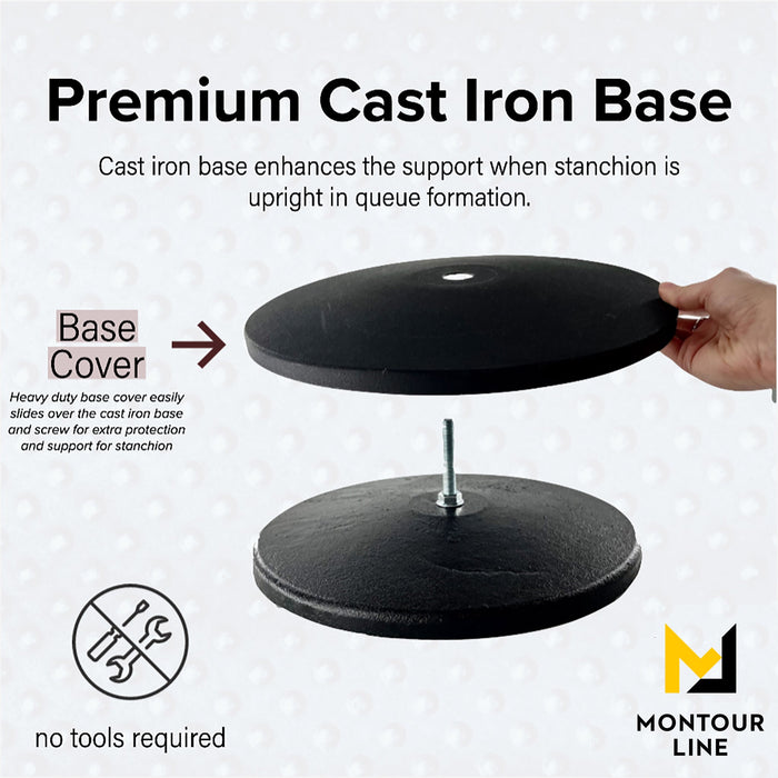 Retractable Dual Belt Barrier Stanchion, Cast Iron Base, Satin Brass Post, 11 ft Belt - Montour Line MI630D - Crowd Control Warehouse