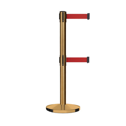 Retractable Dual Belt Barrier Stanchion, Cast Iron Base, Satin Brass Post, 11 ft Belt - Montour Line MI630D - Crowd Control Warehouse