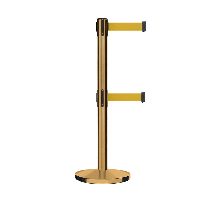 Retractable Dual Belt Barrier Stanchion, Cast Iron Base, Satin Brass Post, 11 ft Belt - Montour Line MI630D - Crowd Control Warehouse