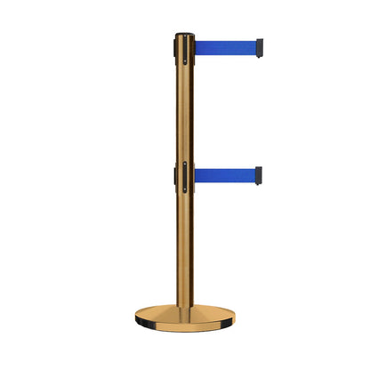 Retractable Dual Belt Barrier Stanchion, Cast Iron Base, Satin Brass Post, 11 ft Belt - Montour Line MI630D - Crowd Control Warehouse