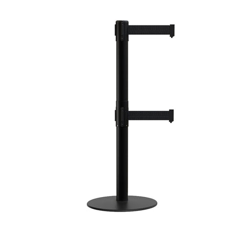 Retractable Dual Belt Barrier Stanchion, Low Profile Steel Base, Black Post, 9 ft Belts - Montour Line MX630D - Crowd Control Warehouse