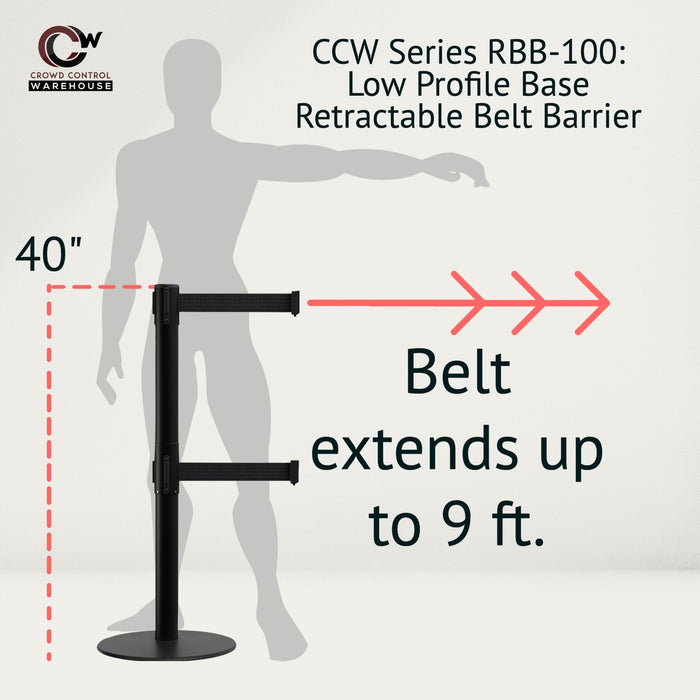 Retractable Dual Belt Barrier Stanchion, Low Profile Steel Base, Black Post, 9 ft Belts - Montour Line MX630D - Crowd Control Warehouse