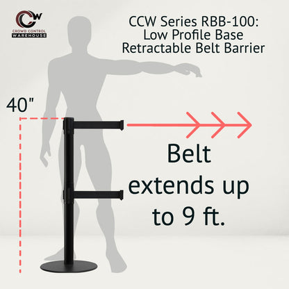 Retractable Dual Belt Barrier Stanchion, Low Profile Steel Base, Black Post, 9 ft Belts - Montour Line MX630D - Crowd Control Warehouse