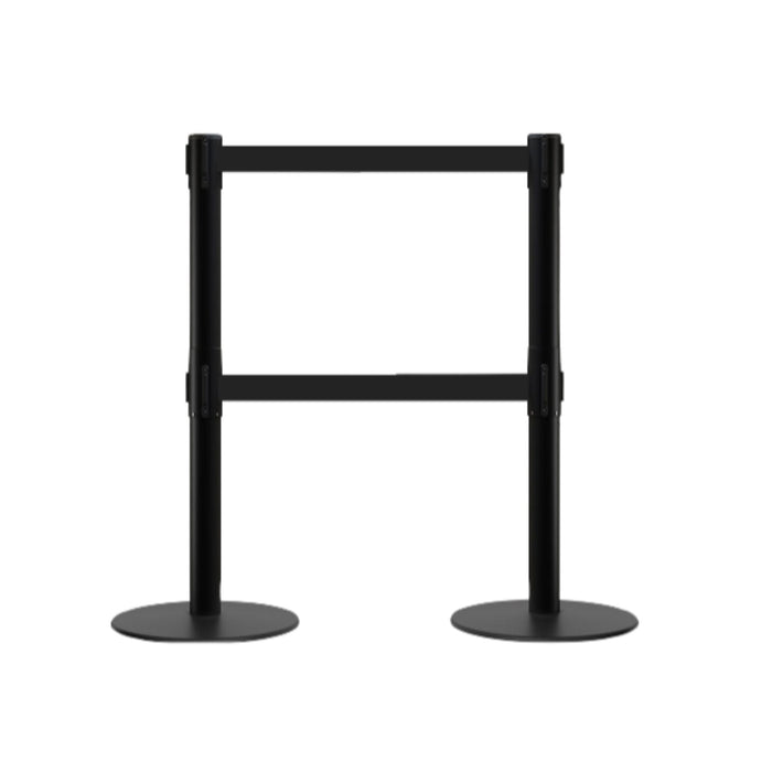 Retractable Dual Belt Barrier Stanchion, Low Profile Steel Base, Black Post, 9 ft Belts - Montour Line MX630D - Crowd Control Warehouse
