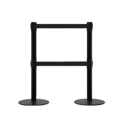 Retractable Dual Belt Barrier Stanchion, Low Profile Steel Base, Black Post, 9 ft Belts - Montour Line MX630D - Crowd Control Warehouse
