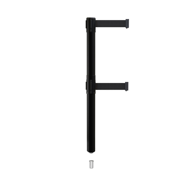 Retractable Dual Belt Barrier Stanchion, Mini Socket Base, Black Post, 13 ft Belt - Montour Line MX630DSK - Crowd Control Warehouse