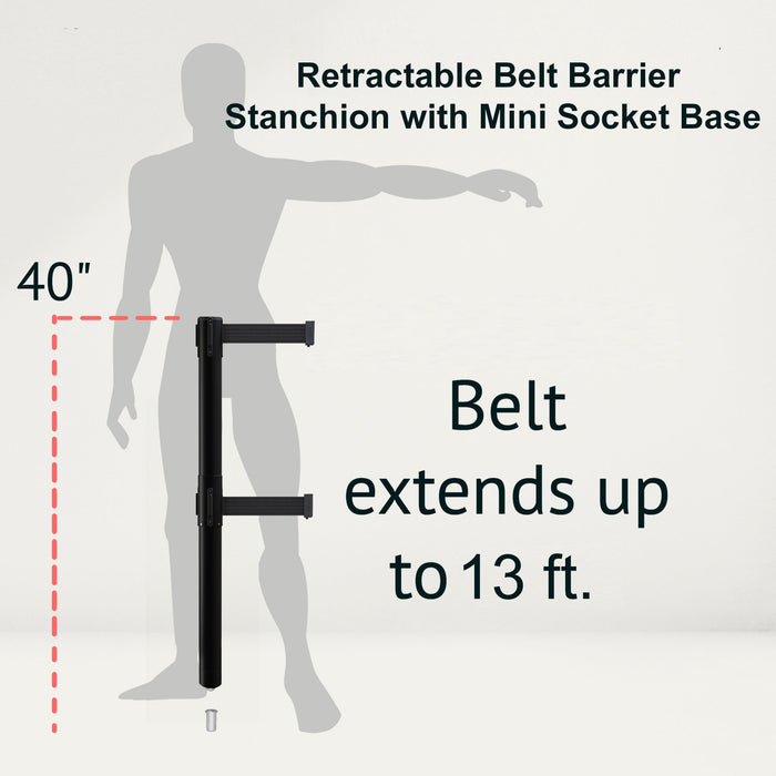 Retractable Dual Belt Barrier Stanchion, Mini Socket Base, Black Post, 13 ft Belt - Montour Line MX630DSK - Crowd Control Warehouse