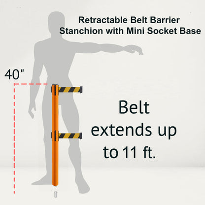 Retractable Dual Belt Barrier Stanchion, Mini Socket Base, Orange Post, 11 ft Belt - Montour Line MSX630DSK - Crowd Control Warehouse