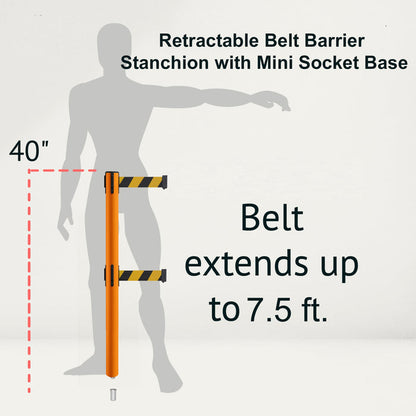 Retractable Dual Belt Barrier Stanchion, Mini Socket Base, Orange Post, 7.5 ft Belt - Montour Line MSX630DSK - Crowd Control Warehouse