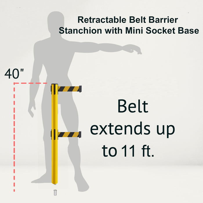 Retractable Dual Belt Barrier Stanchion, Mini Socket Base, Yellow Post, 11 ft Belt - Montour Line MSX630DSK - Crowd Control Warehouse