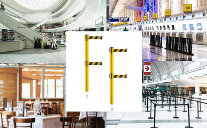 Retractable Dual Belt Barrier Stanchion, Mini Socket Base, Yellow Post, 13 ft Belt - Montour Line MSX630DSK - Crowd Control Warehouse