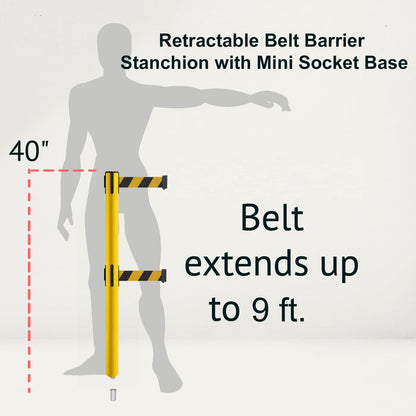 Retractable Dual Belt Barrier Stanchion, Mini Socket Base, Yellow Post, 9 ft Belt - Montour Line MSX630DSK - Crowd Control Warehouse