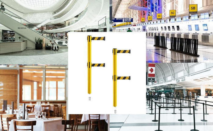 Retractable Dual Belt Barrier Stanchion, Mini Socket Base, Yellow Post, 9 ft Belt - Montour Line MSX630DSK - Crowd Control Warehouse